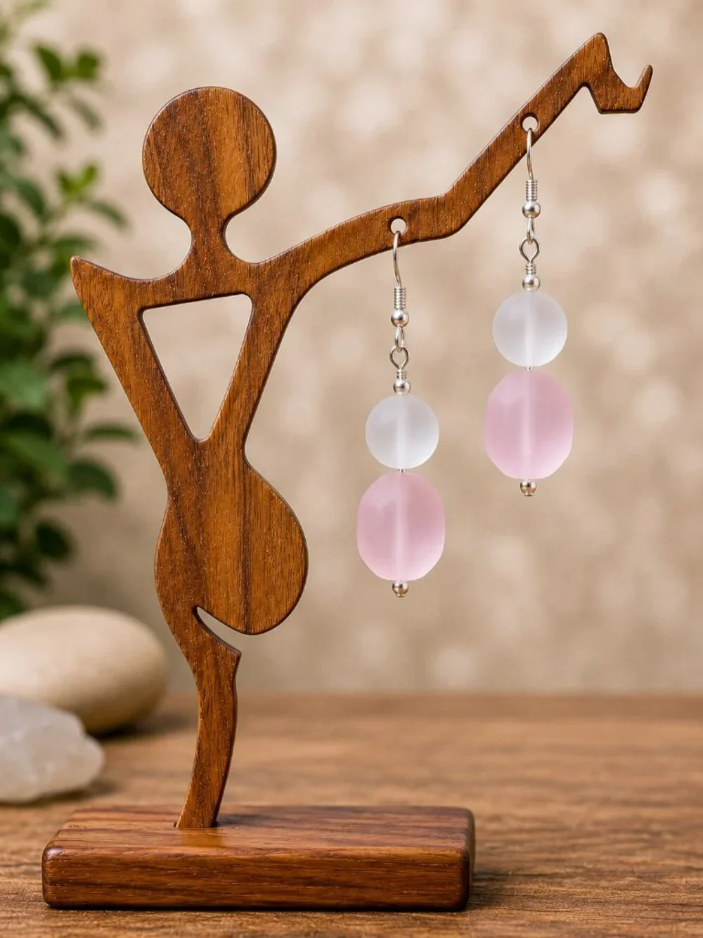 White & Pink Sea Glass Drop Earrings | Handmade
